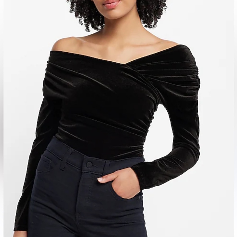 Express body contour velvet off the shoulder wrap bodysuit